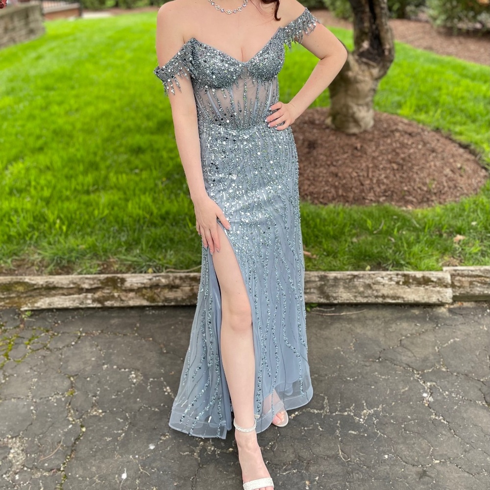 Ladivine CD0203 - Off Shoulder Prom Dress - Smoky Blue Color
